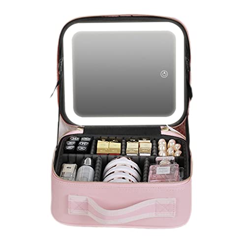 Belle&Rose Bolsa de maquiagem de viagem, estojo de maquiagem com espelho e luzes, estojo de trem de cosméticos com espelho removível iluminado por LED recarregável 3 luzes coloridas brilho ajustável (pequeno, rosa)