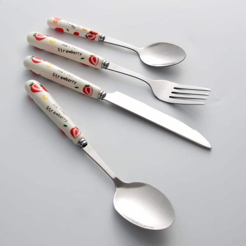 Flatware Silverware Set, 4/16/24/32/40/48pcs Cartoon Cute Spoons Creative Ceramic Handle Knife Fork Spoon Household Stainless Steel Tableware Strawberry, Tableware Cutlery Set(16 Piece set fo
