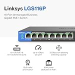 Linksys LGS116P 16 Port Gigabit Unmanaged Network PoE Switch with 8 PoE+ Ports @ 80W - Ideal for Business, Home, Office, IP Surveillance - Ethernet Switch Hub with Metal Housing, Desktop / Wall Mount