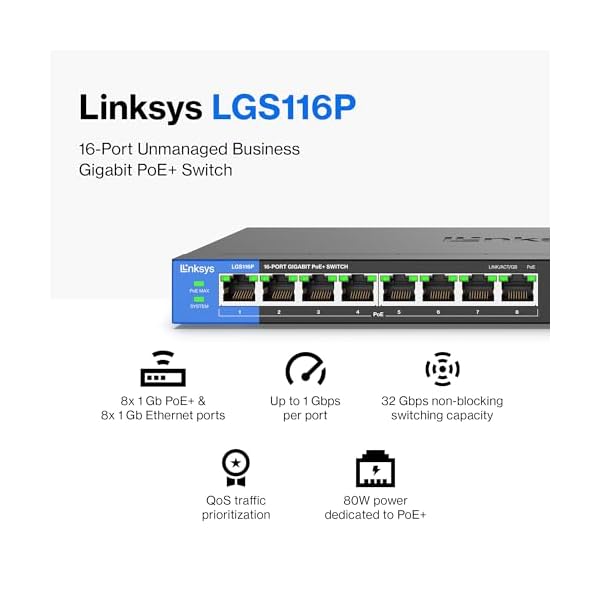 Linksys LGS116P 16 Port Gigabit Unmanaged Network PoE Switch with 8 PoE+ Ports @ 80W - Ideal for Business, Home, Office, IP Surveillance - Ethernet Switch Hub with Metal Housing, Desktop / Wall Mount