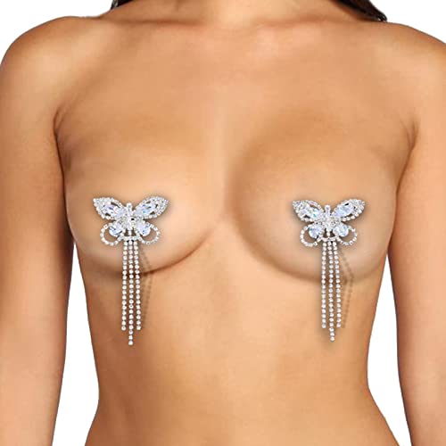 Sexy Butterfly Rhinestone Chest Body Jewelry Nipple Chain Festival Nipple Stickers Rhinestone Breast Cover Shiny Crystal Chest Stickers Accessories for Women (Gold) - Image 2