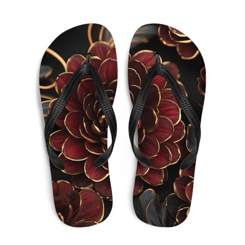Dark Red Floral Flip-Flops, Stylish Summer Beach Sandals, Comfortable Lightweight Slip-On Shoes for Casual Wear