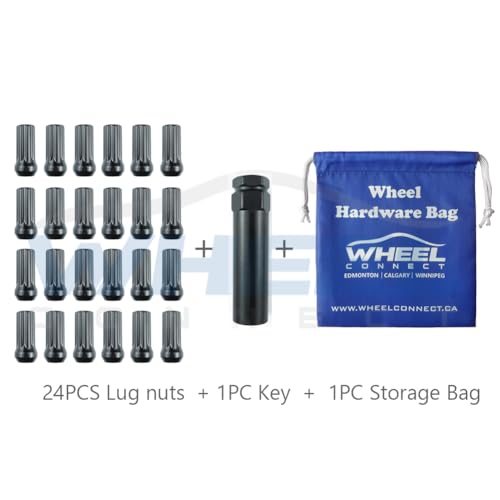 Image of WHEEL CONNECT Spline Lug Nuts, 12x1.5, Set of 24 with 1 Key and 1 Storage Bag, Black Finish | Acorn for Conical Seat,for Aftermarket Custom Tuner Wheel,