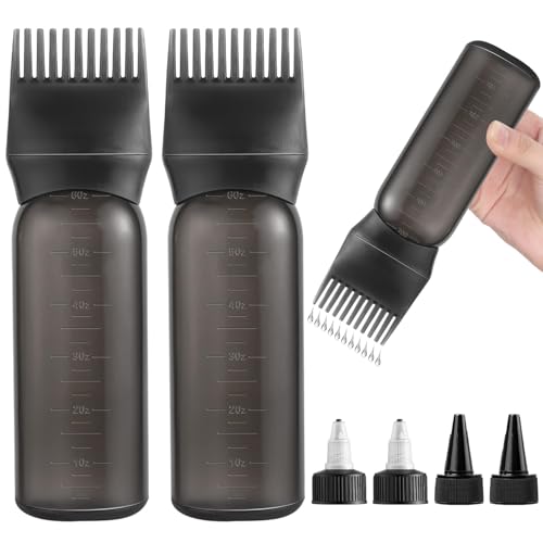 FXSPLCZ 2 Pack Root Comb Applicator Bottle Hair Oil Applicator Hair Color Bottle with 4 Caps for Women Scalp Hair Dye Tools Black