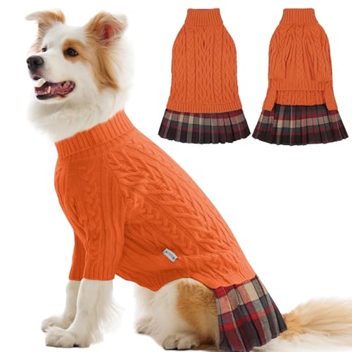 IECOii XL Dog Sweater Dress for Large Dogs Girl, Cable Knit Winter Dress for Female Dogs, Orange, XLarge, Soft Girl Dog Sweater with Tartan Plaid Skirt Cute Turtleneck Knitwear for Cold Weat