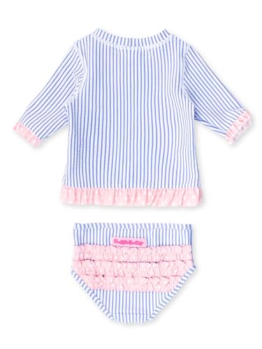 Image of RuffleButts Baby /Toddler Girls UPF50+ Sun Protection Seersucker Short Sleeve Ruffle Rash Guard Bikini