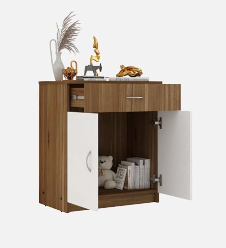 Image of Cabin Multipurpose Storage Unit | Engineered Wood Free Standing Cabinet | Sideboard Storage Organizer with Drawer & Doors | Lyon Teak & White | DIY Assembly