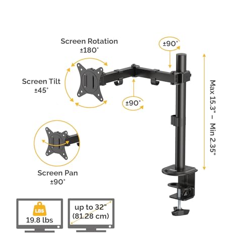 Image of Fellowes Everyday Adjustable Single Monitor Arm - Supports Screens up to 32 inch Weighing 19.84 lbs, Tilt, Swivel, Rotate, VESA 75 /100, Clamp or Grommet Mount, Cable Management