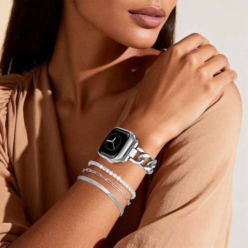 Image of JR.DM Silver Watch Bands and 3Pcs Bracelet Set for Women Compatible with Apple Watch 38mm 40mm 41mm 42mm(S10 /11) Adjustable Metal Dressy Single Chain Strap for iWatch Series 11 /10 /9 /8 /7 /6 /5 /4 /SE /3 /2 /1