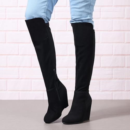 Selroys Over The Knee High Boots For Women Wedge Heel Suede Long Stretch Sexy Fashion Tall Boots Black Red Us6-11 thumb #5