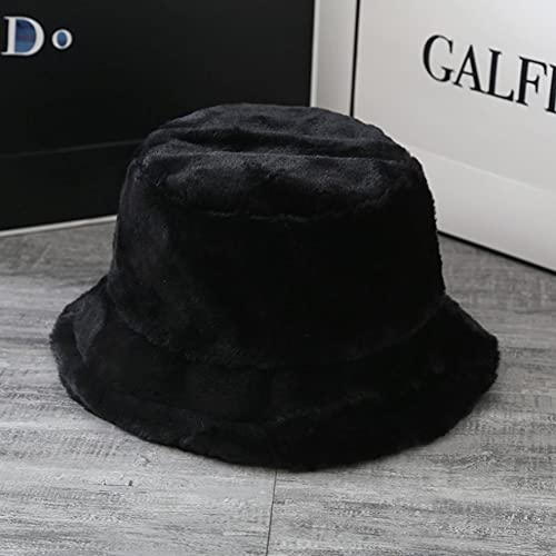 Winter Faux Fur Furry Black Bucket Hat Fluffy Fuzzy Warm Hat Plush Fisherman Hat For Women Teens Girls #TOP3