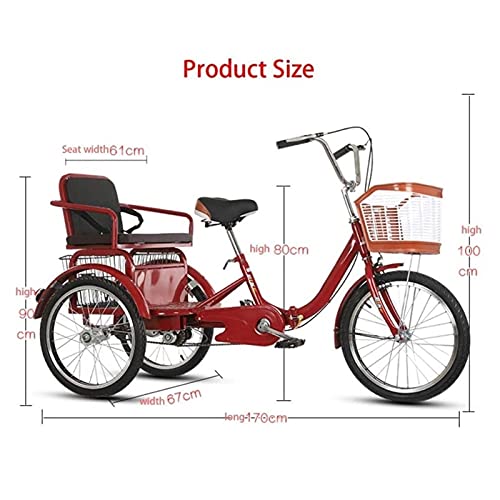 Dreiräder für Erwachsene, 20 Zoll, faltbares Dreirad mit Einkaufskorb, Trike, Fahrrad, Rückenlehne, Sitz, dreirädriges Fahrrad, für Männer, Frauen, Senioren, Jugend (Rot) – Bild 3