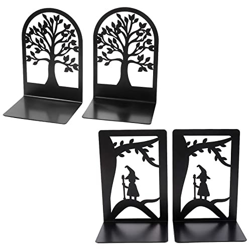 Serre-livres Aileese très résistants pour étagères, serre-livres en métal (noir 2 paires) pour l'école et le bureau, motif arbre décoratif unique pour cadeau, classeur et intercalaires Cover