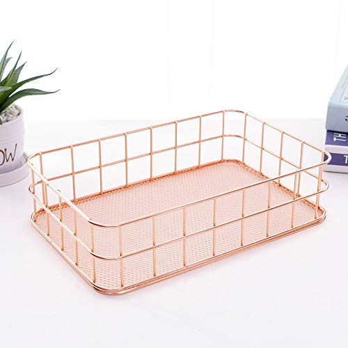 Image of Oddpod Rose Gold Wire Mesh Storage Basket /Rectangle Multipurpose Iron Grid Desktop Organizer Bin & Utility Tray for Office and Home - Medium