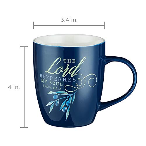 Christian Art Gifts Navy Blue Floral Ceramic Scripture Coffee & Tea Mug For Women: The Lord Refreshes My Soul - Ps. 23:3 Inspirational Bible Verse W/Olive Branch, Microwave/Dishwasher Safe, 13 Oz. #TOP5