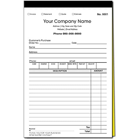 Custom Sales, Invoice, Statement, Estimate, Quote, Personalized Multipurpose Duplicate Carbonless Form with Your Company Name - 5 Books (250 Sets) Numbered Cover