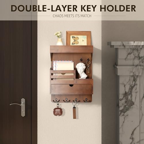 Rebee-Vision-Key-Holder-Wall-Mount-with-Drawer-Organizer-for-EntrywayBrown-Pine-Wood-6-Key-Hooks-Display-Shelf-for-Plants-Mail-Slot-for-Storage-Letter-Multi-Funtional-Design-Home-Storage