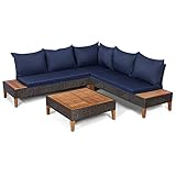 COSTWAY 5 Seater Garden Rattan Corner Sofa Set, Acacia Wood Patio Conversation Set with 2 Loveseats, 1 Sofa Chair, 1 Table and Cushions, Outdoor Sectional Wicker Furniture Set for Backyard Poolside