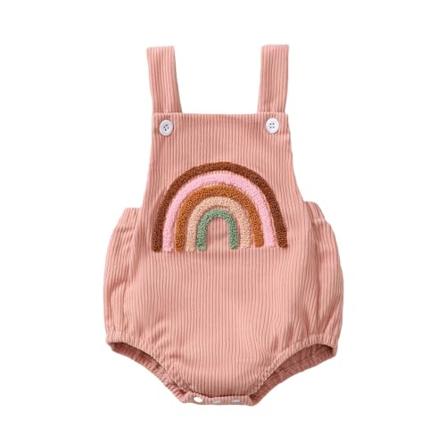 Image of Lesimsam Newborn Baby Girl Clothes Strap Sleeveless Rainbow Embroidery Overall Romper Jumpsuit Suspender Bodysuit Outfit