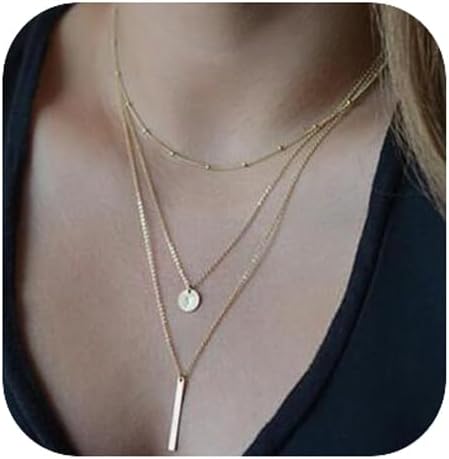 fxmimior Gargantilla bohemia en capas de oro delicado con dije de lentejuelas de 3 niveles collar de joyería de cadena larga para mujeres y niñas