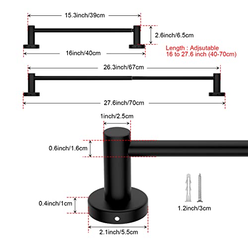Adjustable Matte Black Bath Towel Bars 16 to 27.6 Inch, iMomwee 304 Stainless Steel Single Towel Rack, Wall Mounted Towel Rail Holder for Bathroom Washroom, Retractable Towel Rod with S Hooks by iMomwee - Image 2