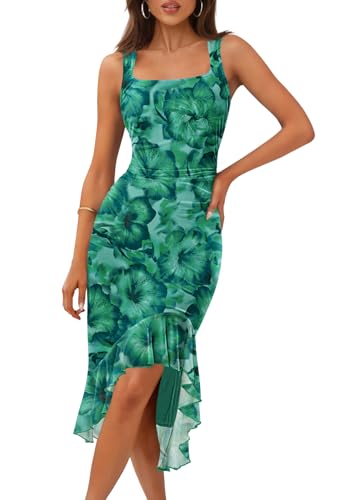 MEROKEETY Women's Summer Floral Bodycon Dress Square Neck Sleeveless Ruffle