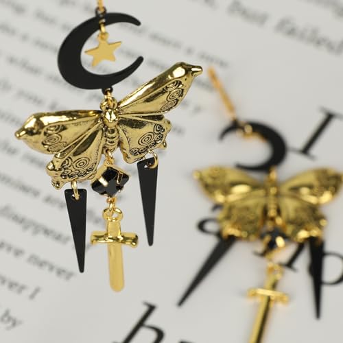 Gothic Moon & Star Butterfly Drop Earrings – Exaggerated Long Pendant Stud Earrings for Women, Vintage Brass Jewelry, Boho Punk Style Statement Piece3