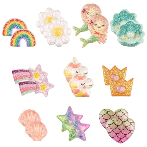 Deepton 10 Paar Klipp Ohrringe Kinder Ohrclips Mädchen Ohrklipser Kinder Clip Ohrringe Mädchen Magnet Ohrklipser Einhorn-Blumen-Prinzessin-Ohrring Set