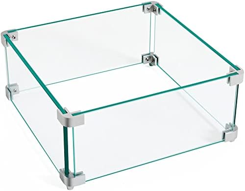 Yaheetech Gas Fire Pit Wind Guard for Square Fire Table, 15 x 15 x 6.5 inch Clear Tempered Wind Guard for Firepits, Thick Square Glass Shield, Glass Panel with Hard Aluminum Corner Bracket & Feet
