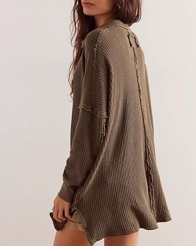 LifeShe Women's V Neck Batwing Long Sleeve Sweaters Lapel Collared Oversized Waffle Knit Side Slit Pullover Tops2