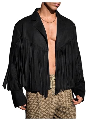 Verdusa Men's Western Fringe Faux Leather Jacket Open Front Cowboy Outerwear