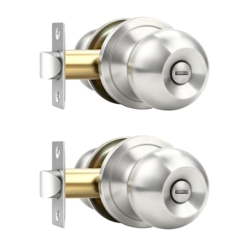 Brotima 2 Pack Privacy Door Knob Nickel, Brushed Nickel Door Knobs, Interior Door Knobs for Bathroom and Bedroom, Keyless Doorknob with Round Ball, Brushed Nickel Bathroom Hardware Set