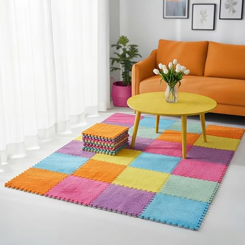 Tinideya 18 Pcs Plush Interlocking Carpet Tiles, Macaron Colors 12 x 12 x 0.4 Inch Squares EVA Foam Carpet Tiles, Machine-Washable, Anti-Slip, Puzzle Floor Mat for Home Bedroom