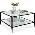 Best Choice Products 32” Square Glass Coffee Table, Large 2-Tier Accent Furniture for Living Room, Bedroom w/Metal Frame, Glass Shelves - Black