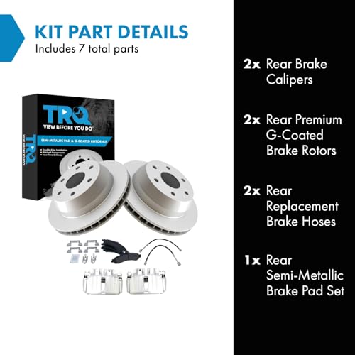 Image of TRQ Rear Brake Pad and Rotor Set Semi Metallic G Coated Rotors Calipers Compatible with 2003-2005 Chevrolet Silverado 1500 2004-2005 GMC Sierra 1500