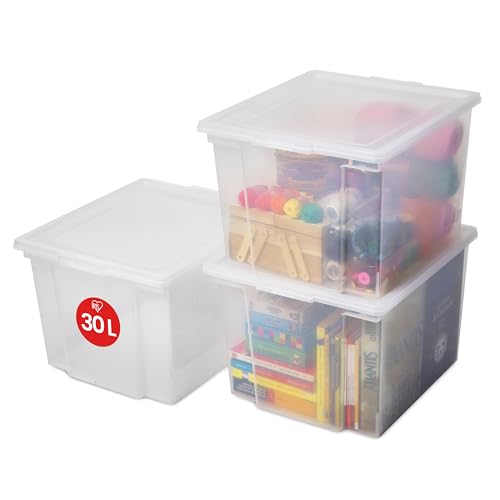 Iris Ohyama Vielseitige Aufbewahrungsbox mit Deckel, Stapelboxen, 30L, 3er-Set, Transparent, Stapelbar, Plastik, Für Schrank, Regale, Organisation, Kleidung, Bettlaken, Plastikbox mit Deckel, USB-M