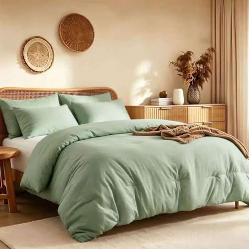 Image of King Comforter Set Prewashed Lightweight Quilted Bedding for All Season | 3PCS Sage Green Breathable Down Alternative Bedding Set with 1 Solid Comforter (104 inchx90 inch) and 2 Soft Pillowcases