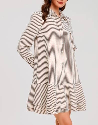 Ladyful Long Sleeve Striped Shirt Mini Dress for Women Button Down Ruffle Tiered Drop Waist Shift Tunic Short Dress3