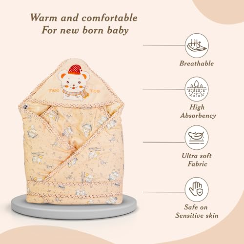 Image of Mee Mee Baby Wrapper with Hood, Teddy Print, Yellow (396.0mm L X 71.0mm W)