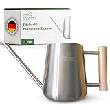 NICEGARDEN Edelstahl Gießkanne 1L | Design Blumengießkanne mit Holzgriff | extra stabil & stilvoll | perfekt für Wohnung, Haus, Garten & Balkon