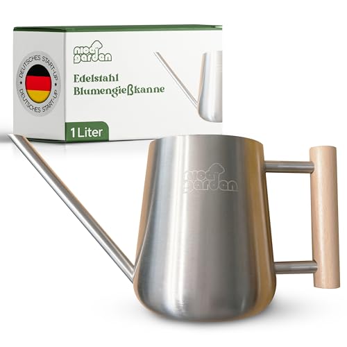 NICEGARDEN Edelstahl Gießkanne 1L | Design Blumengießkanne mit Holzgriff | extra stabil & stilvoll | perfekt für Wohnung, Haus, Garten & Balkon