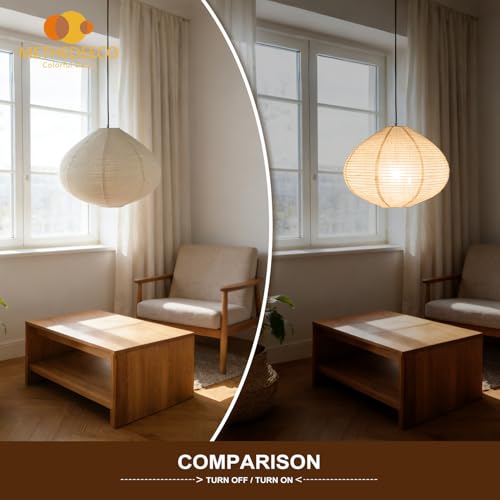 Image of METHEDEECO Oval Hanging Lamp Shade Only, 16 Inch Faux Linen Pendant Lamp Shade, Foldable Fabric Replacement Shade, White with Beige, Minimalist Pendant Lantern Shade for Bedroom Living Room Kitchen
