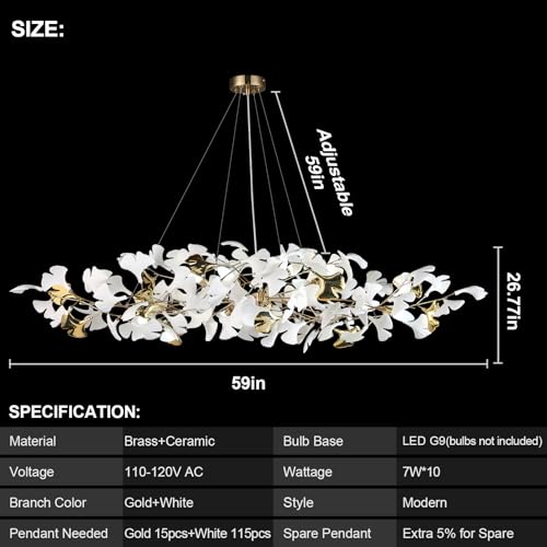 Image of 59 Inch White Rectangle Chandelier Gold Ceramic Ginkgo Leaf Chandeliers Brass Large Chandelier Modern Hanging Lights Fixture for Living Room Dining Room Kitchen Island,10-Light