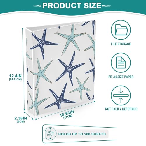Image of 3 Ring Binder Beach Coastal Starfish 1.5 inch Binders Three Ring Binders with Clipboard Fit 8.5'' x 11'' Paper 3 Interior PVC Clear Pockets for Office Supplies