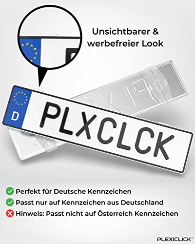 PLEXICLICK® ORIGINAL Kennzeichenhalter - Kennzeichenhalter Rahmenlos unsichtbar - Nummernschildhalterung Auto - Transparente universal Kennzeichenhalterung - Für alle Deutschen Kfz Kennzeichen