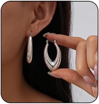 Chunky Gold Hoops Earrings for Women Water Droplet Dangle Earrings Geometric Oval Hoop Earring Hypoallergenic Earrings Fashion Jewelry Accessories