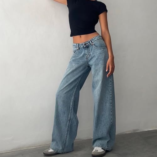 Mxiqqpltky Low Rise Jeans for Women Mom Jeans Wide Straight Leg Baggy Jeans Y2k Vintage Boyfriend Denim Pants Streetwear4