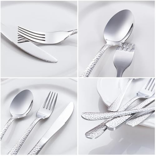 Image of Hammered Sterling Silver Silverware Set | 20-Piece Premium Stainless Steel Flatware Set | Dishwasher Safe Cutlery Set for Home, Restaurant & Gifting