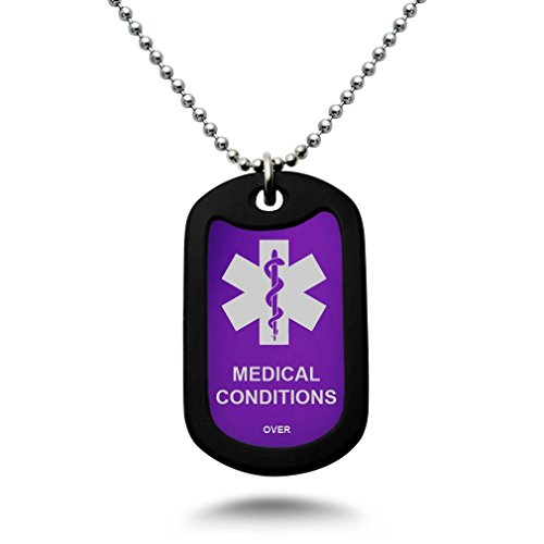 Kriskate & Co. Custom Engraved Medical Alert ID Aluminum Dog Tag Necklace with Stainless Steel Bead Chain Made in USA(Purple)