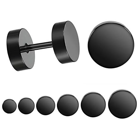 LIEBLICH Black Stud Earrings Men Women Faux Gauges Ear Tunnel Stainless Steel Earrings 6 Pairs 5mm-10mm Cover